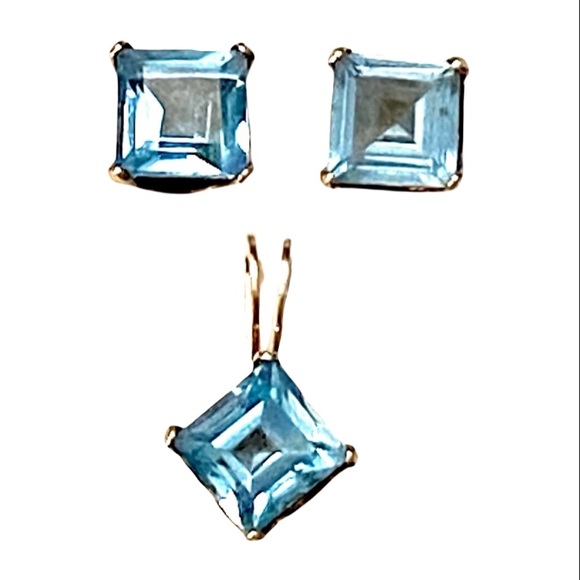 Vintage Jewelry - Blue Topaz 10k Gold Earrings Necklace Pendant SET